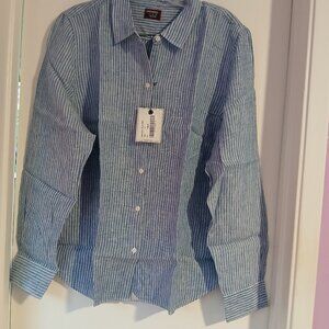 Untuckit Villa Fiore  Women's Linen Blue Striped Long Sleeve Button Down…